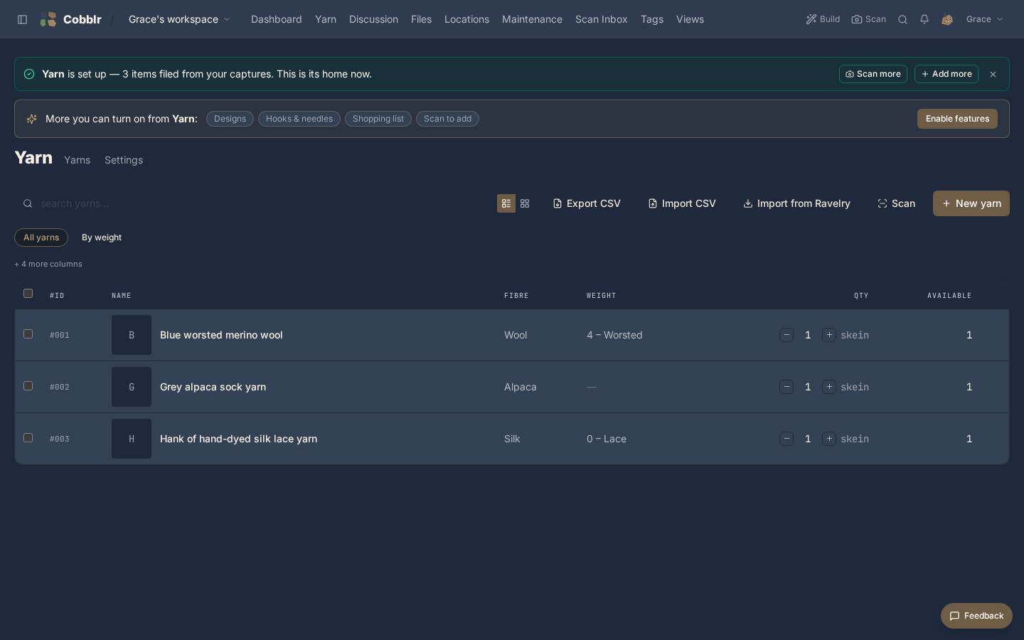 The Yarn category, set up and populated from the captures