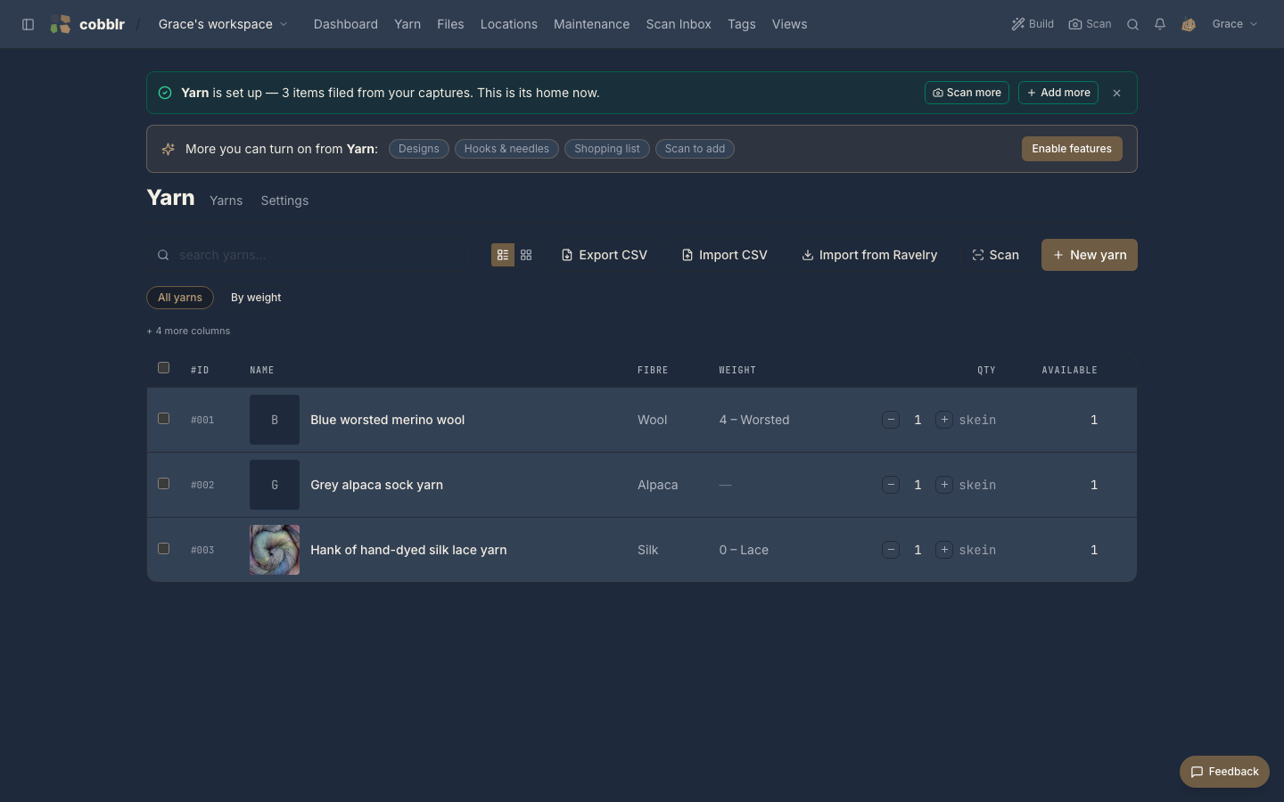 The Yarn category, set up and populated from the captures