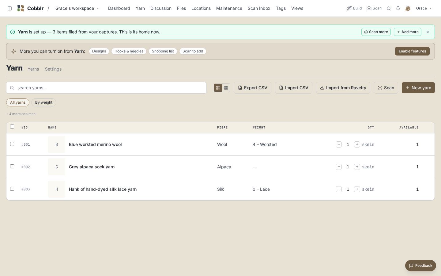 The Yarn category, set up and populated from the captures