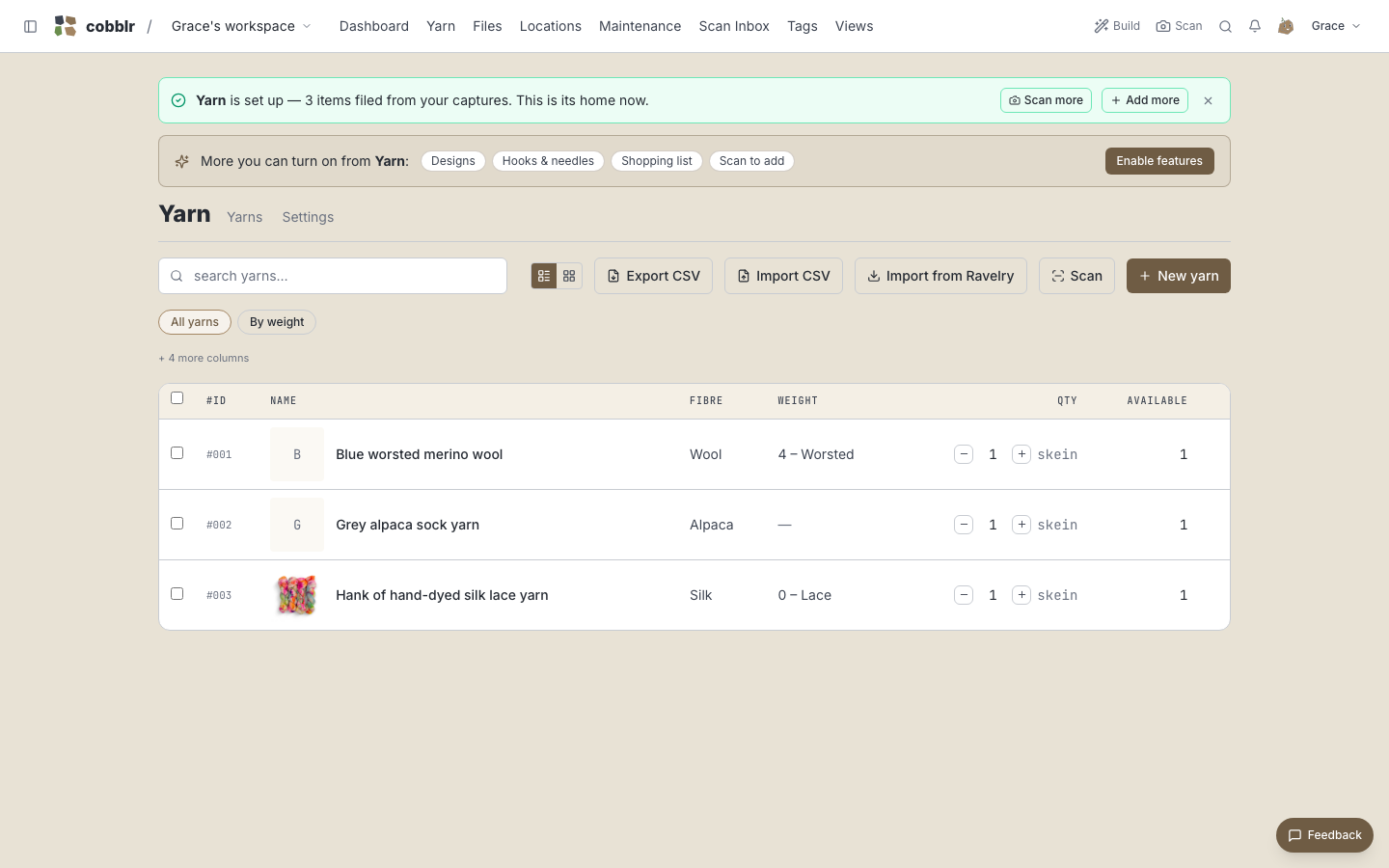 The Yarn category, set up and populated from the captures