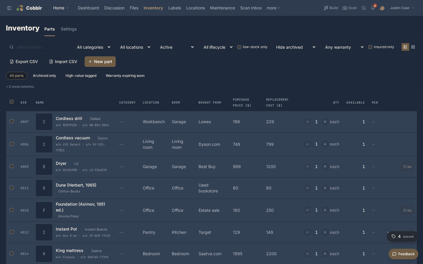 The parts list, each with a quantity and a location