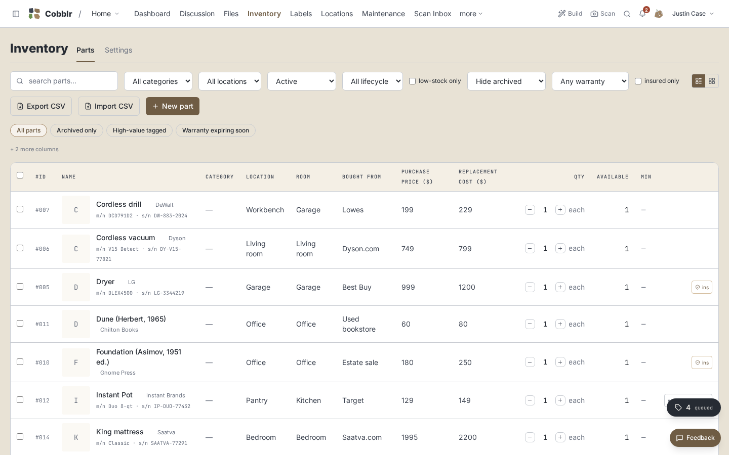 The parts list, each with a quantity and a location